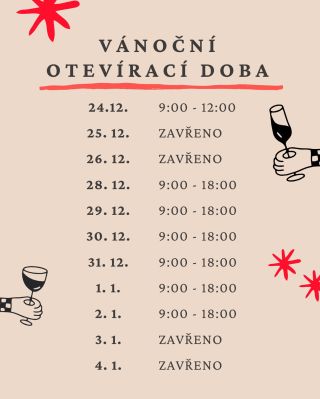 Otevírací doba Vánoce 2025 23.12. 7:30-18 24.12. 9-12, BUDE BRAMBORAČKA 25.12. ZAVŘENO 26.12. ZAVŘENO 27.12. 9-18 28.12....